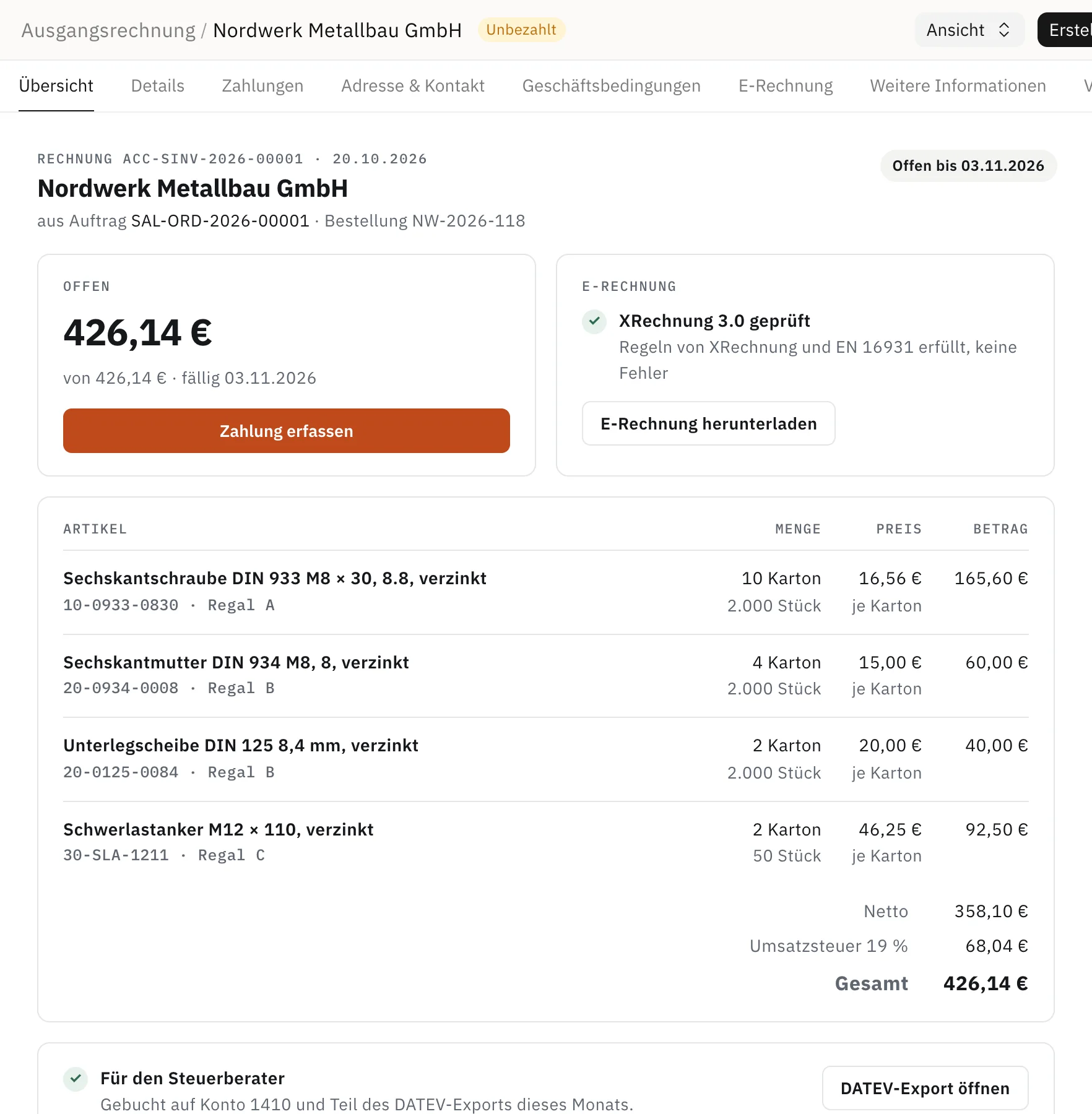 Rechnung: Entsteht aus dem Auftrag, als geprüfte XRechnung.
